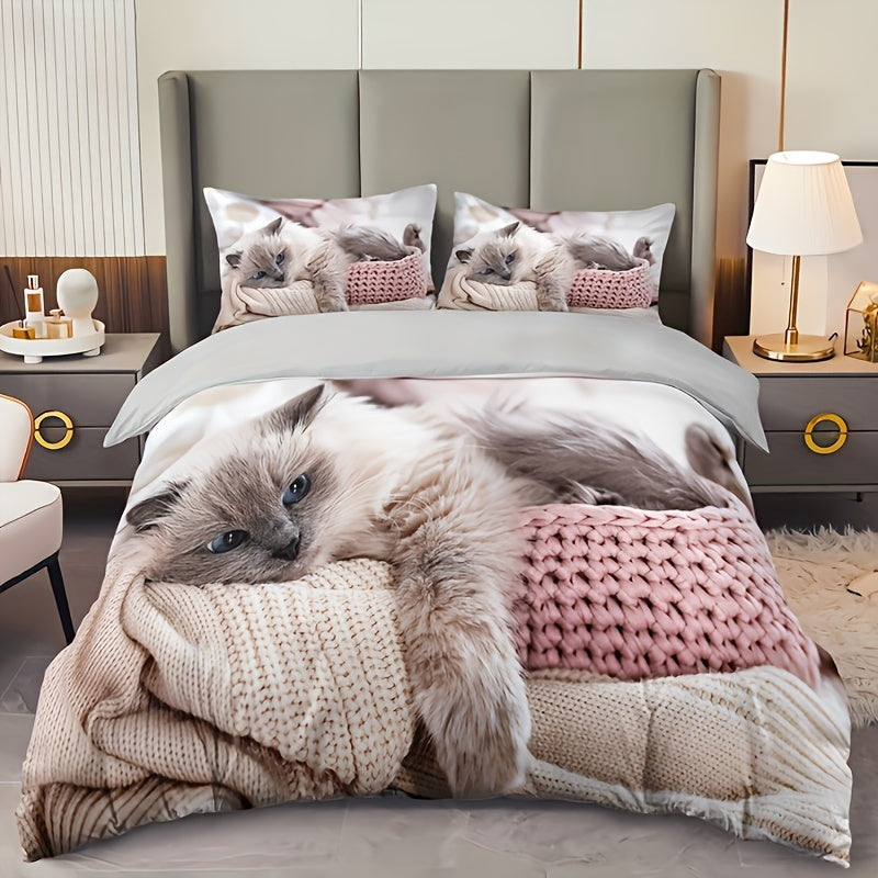3-Piece Cat Print Bedding Set - 1 Duvet Cover & 2 Pillowcases, Breathable Polyester, Machine Washable, All-Season Comfort