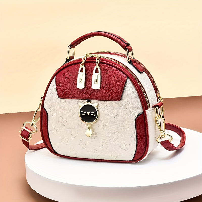 Small Geometric Embossed Crossbody Cat Dome Shoulder Purse - Color Contrast, Cute, Stylish, and Spacious Handbag for Women - Perfect for Daily Use, Travel, and Outdoor Activities