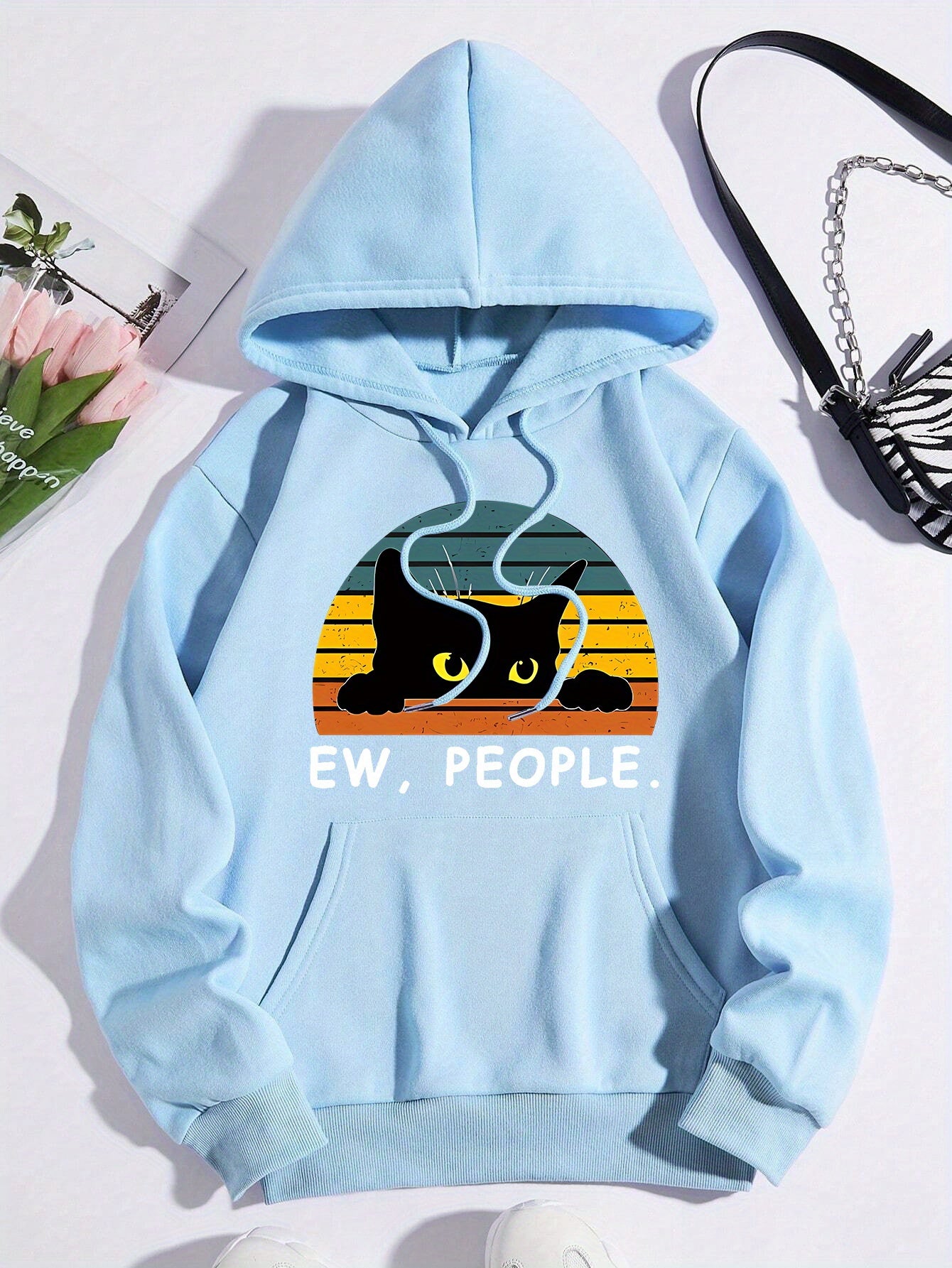 Cozy Cat Print Hoodie with Kangaroo Pocket - Perfect for Chilly Days, Comfortable & Easy Care Casual Wear for Women