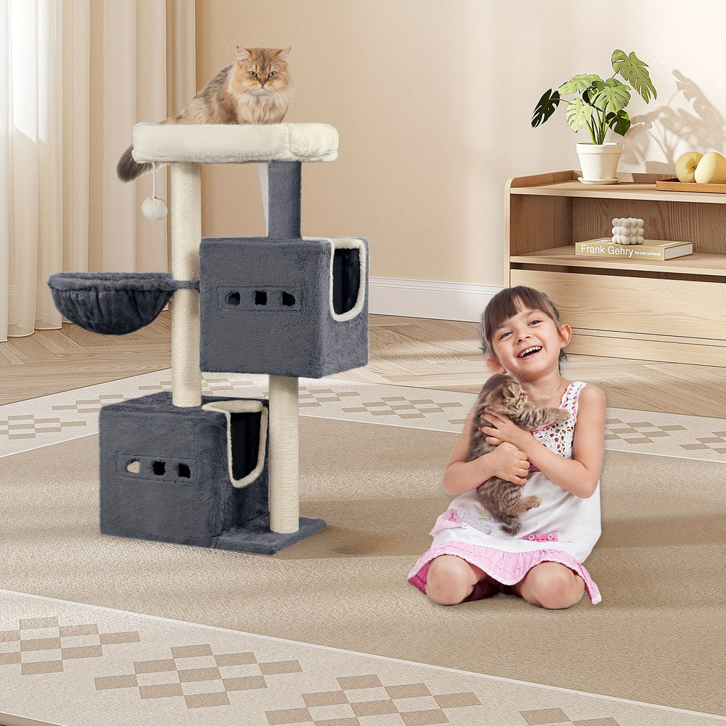 Hzuaneri 98cm Cat Scratching Post, Cat Tree, Kitten Scratching Post, Multi-layer Cat Scratching Post with Perches, Cat House Furniture with 2 Caves, Hemp Cat Scratching Post, Hammock, Cave, Dark Gray/Light Gray
