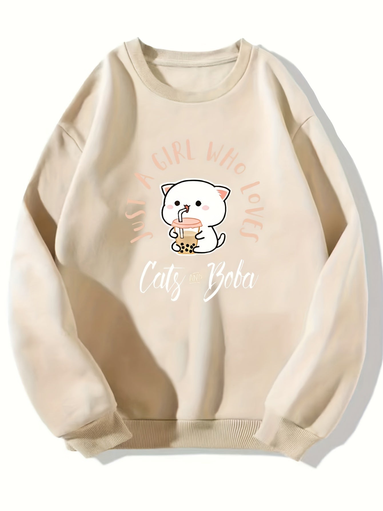 Cat Print Causal Round Neck Sports Sweatshirt, Fashion Long Sleeves Pullover Tops, Women's Activewear