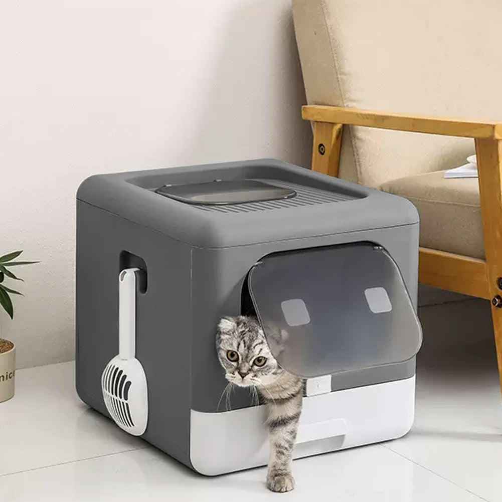 Durable Cat Litter Tray Box, Foldable Top Entry Large Cats Toilet with Lid - Hooded Kitten Litter Tray Easy Cleaning Drawer Design with Scoop | Grey, Anti-odor