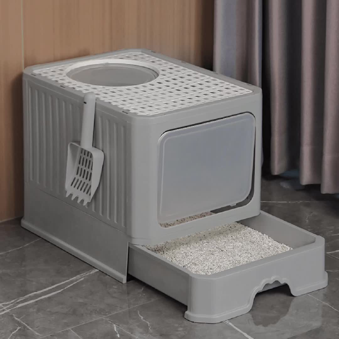 Fully Enclosed Cat Litter Box With Lid, Foldable Anti-Splashing Cat Litter Drawer With Front Flap Door And Toy Entry, Cat Toilet For Indoor Cats