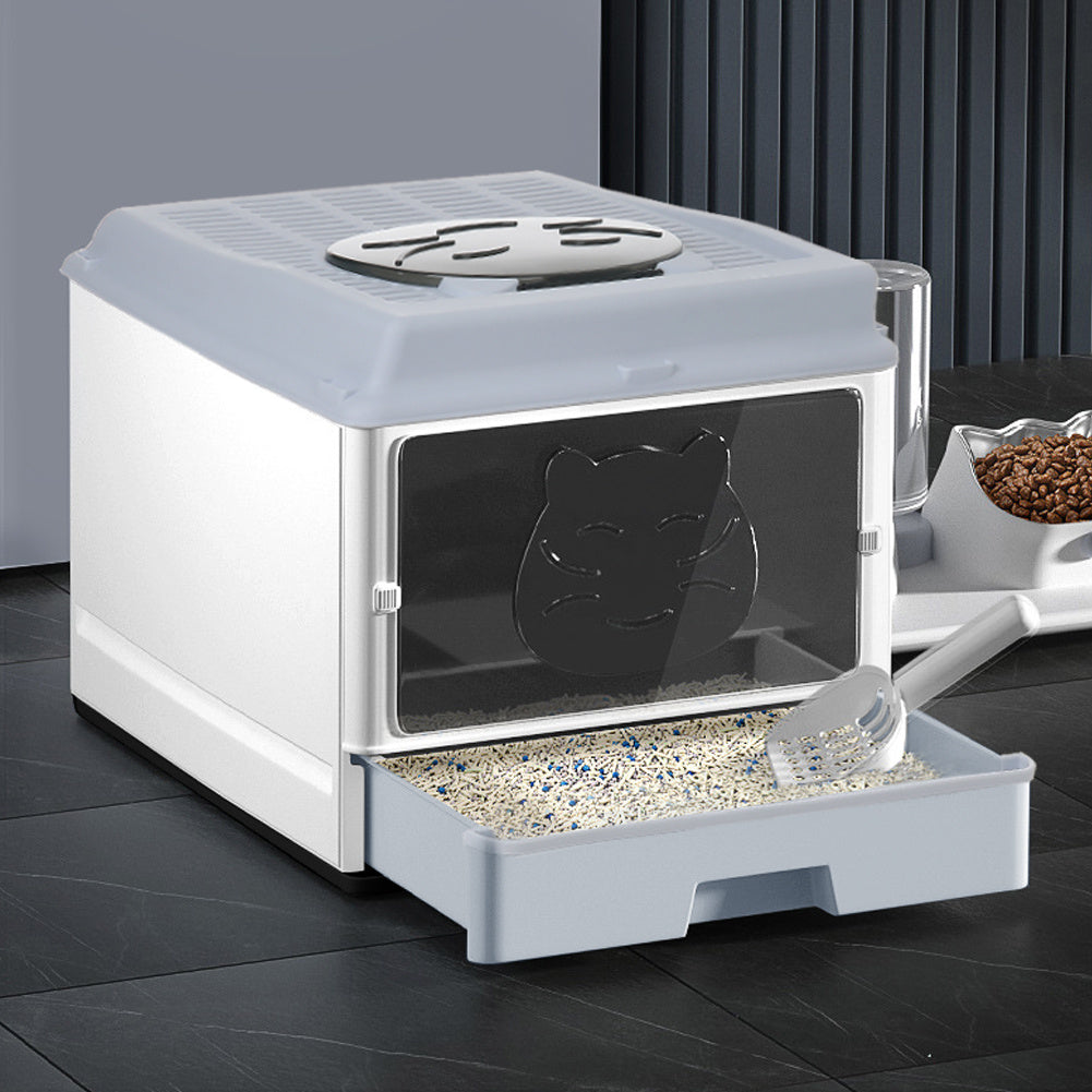 Kitten Litter Tray with Cat Hair Brush Storage Design, Cat Litter Box, Hooded Cat Litter Tray with Lid, Cat Litter Box with Drawer Pan and Scoop, L51×W39×H38cm, Grey