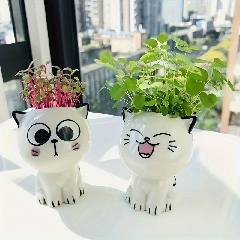 [1pc Cute Cat Flower Pot] 1pc Ceramic Mini Cat Cartoon Cute Flower Pot | Desktop Potted Plant DIY Desk Decoration | Youngsters's School Gift
