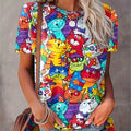 Cartoon Cat Print T-shirt, Short Sleeve Casual Tee For Summer & Spring, Women's Clothing