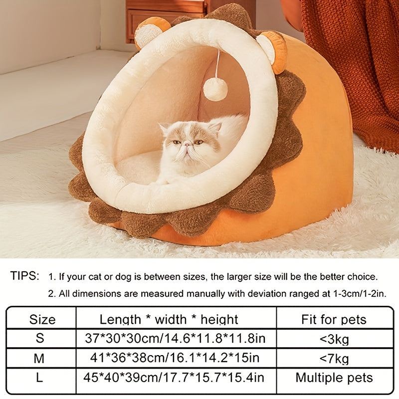 Cartoon Lion Shaped Cat Bed, Semi-enclosed Cat Kennel House Plush Cat Cave Nest For Indoor Cats