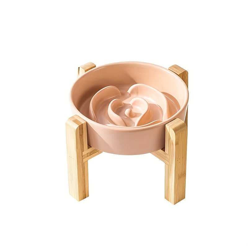 Elevated Cat Bowl, Ceramic Slow Feeder Cat Puzzle Food Bowl Water Bowl With Wooden Stand, Anti-choking Raised Dog Cat Basin To Slow Down Eating