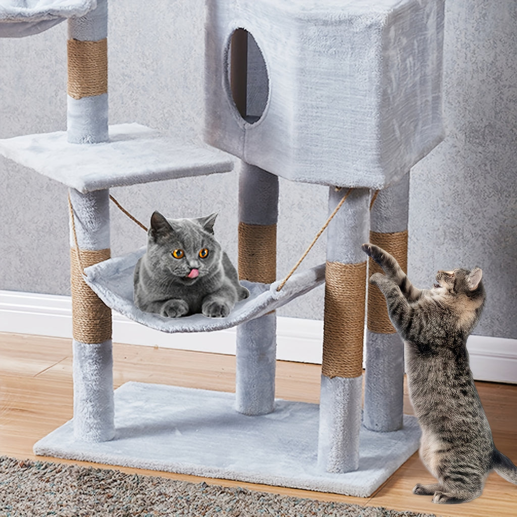 1pc Funtrip 6-Level Cat Tree Tower with Sisal Scratching Posts, Anti-Rewind Tape, and Hanging Toys - Large Wooden Fiber Cat Condo for Indoor Cats, Play & Relaxation Activity Center, Cat Tower for Large Cats