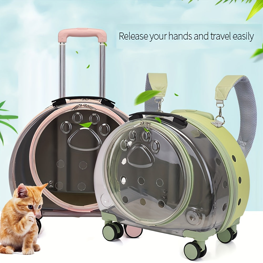 Large Capacity Transparent Pet Carrier with Wheels - Astronaut Capsule Backpack for Dogs & Cats, Portable Pull Rod Design