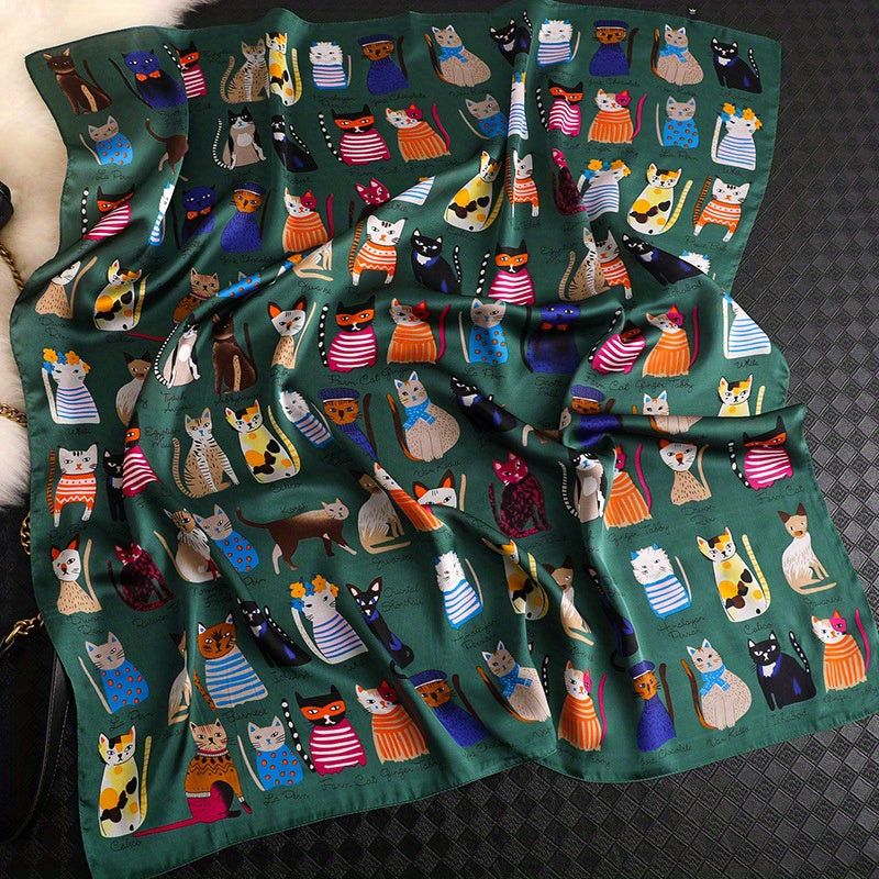 Cartoon Cat Pattern Polyester Square Scarf for Women, Cute Style, Decorative & Windproof, Breathable, Non-Elastic, with Hand Wash/Dry Clean for Parties