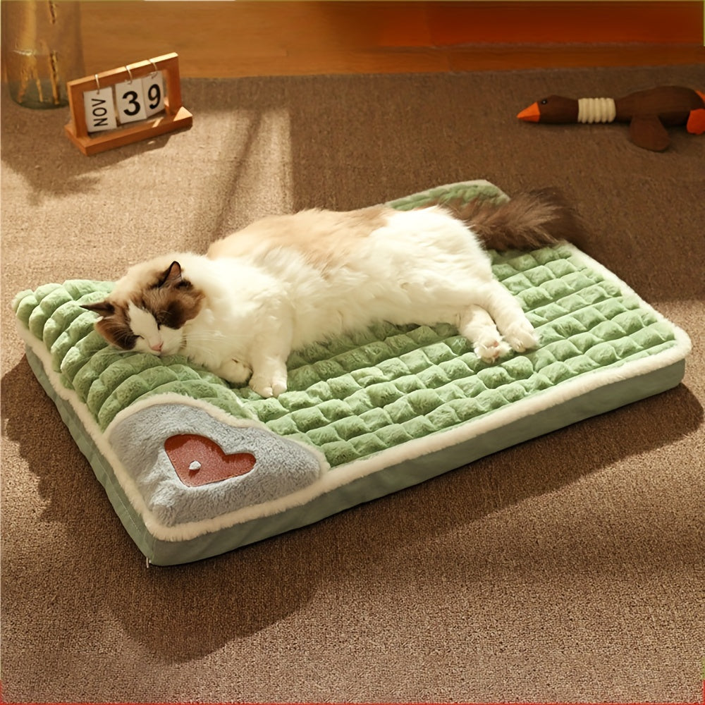 Cozy & Thickened Cat Bed with Memory Foam - Detachable, Washable Nylon Pet Mat in Green with Heart-Shaped Pillow for Cats, Soft & Comforting Sleeping Pad, Pet Relaxation Mat|Quilted Cat Bed|Memory Foam Cushion