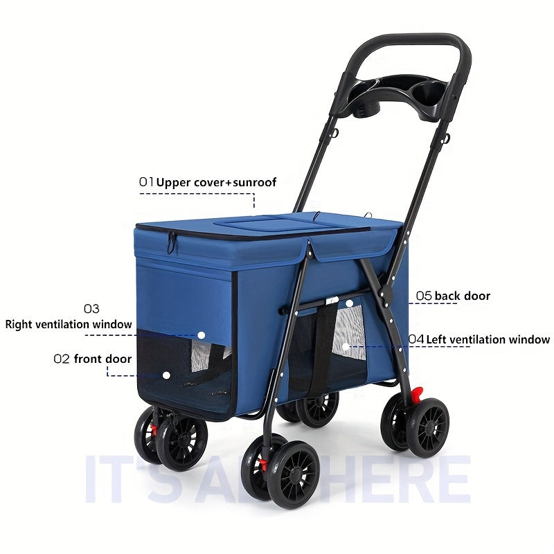 Breathable Mesh Pet Stroller with Sunroof - Durable Metal Frame, Foldable Design for Small to Large Dogs & Cats, Dog Stroller