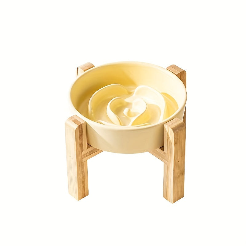 Elevated Cat Bowl, Ceramic Slow Feeder Cat Puzzle Food Bowl Water Bowl With Wooden Stand, Anti-choking Raised Dog Cat Basin To Slow Down Eating