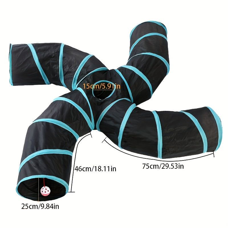 Large Collapsible Cat Tunnel with Play Ball & Interactive Peek Holes - Multi-Level Tunnel System for Indoor Cats, Kittens, Small Dogs - Heavy-Duty Tube with Blue Piping, Portable Hideout for Play & (Easy Assembly