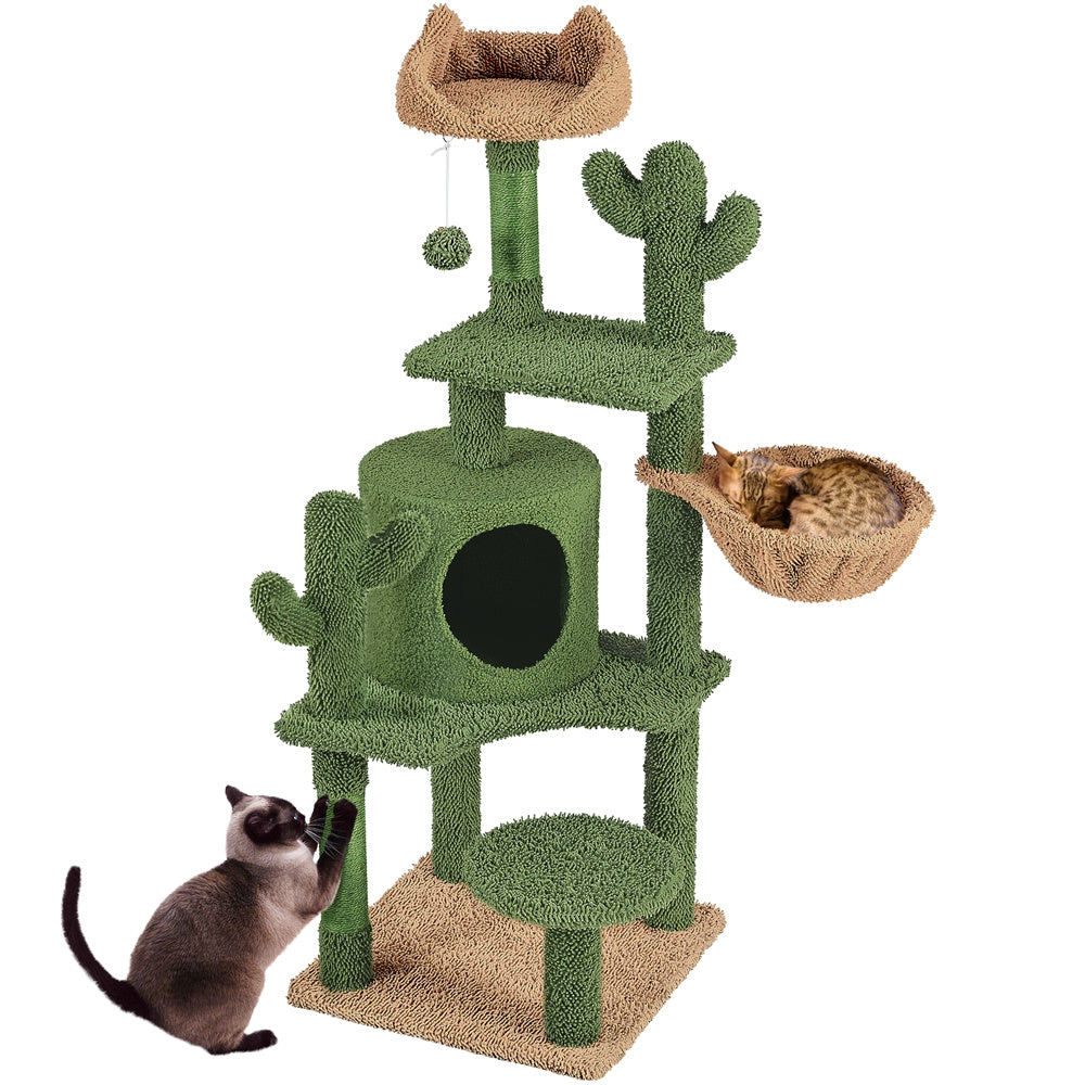 Costoffs Cat Tree, 135cm Height Cat Cactus Tree, Condo Kitten Tree Tower, Cat Furniture with Natural Sisal, Cat Tower with Padded Perch, Platform, Condo, Scratching Posts & Hanging Ball, Cat Furniture for Kittens, Green/Brown