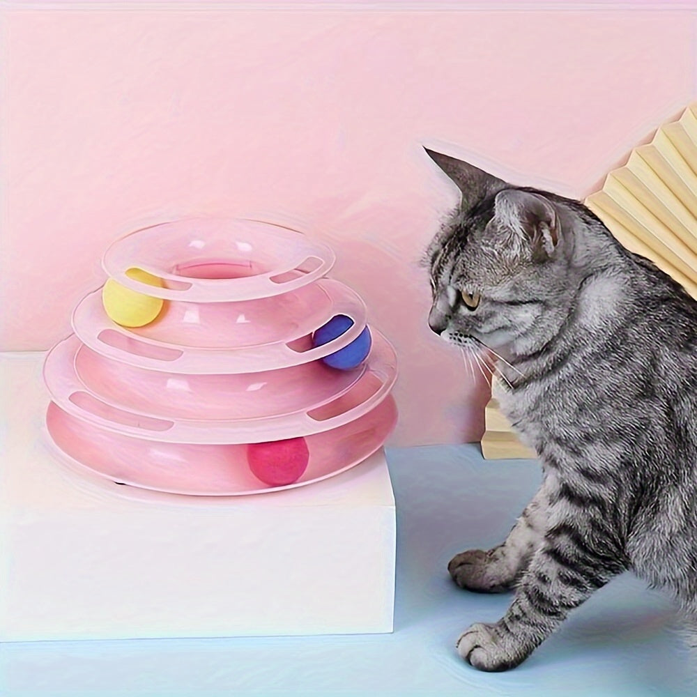 Cat Three Layer Turntable Toy Educational Play Track Tower Cat Teaser Toy Dish For Indoor Cats - Interactive Cat Ball Toy For Indoor Cats With Three Colorful Balls Exerciser Game & Funny Puzzle Kitty Toys