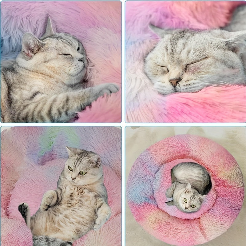 1pc Round Plush Gradient Color Calming Cat Bed, Machine Washable, Four Seasons Warm Comfortable Soft Nest, Suitable for Small and Medium Dogs and Cats, Pet Bed