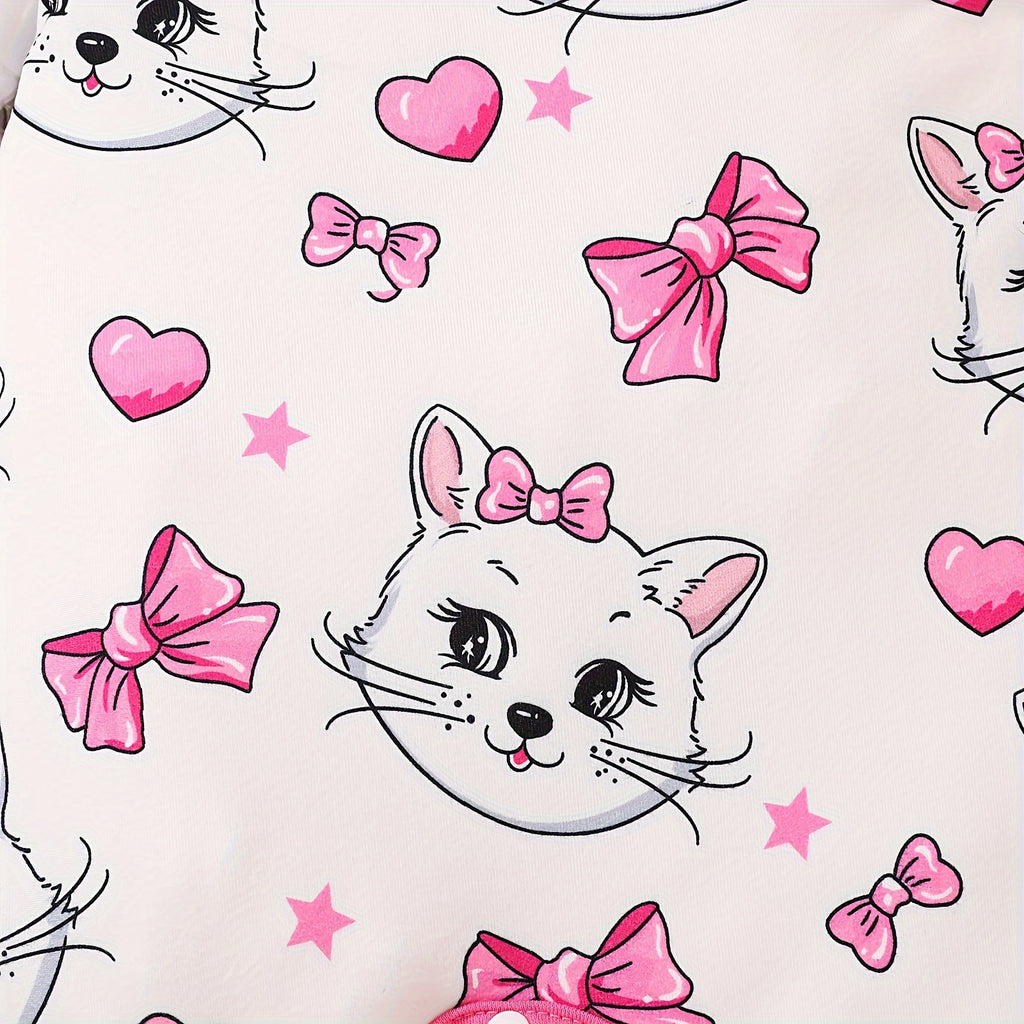 Newborn Baby Girls Cute Cartoon Cat Print Short-sleeved Comfortable Jumpsuit With Bow Headband Baby Summer Clothing