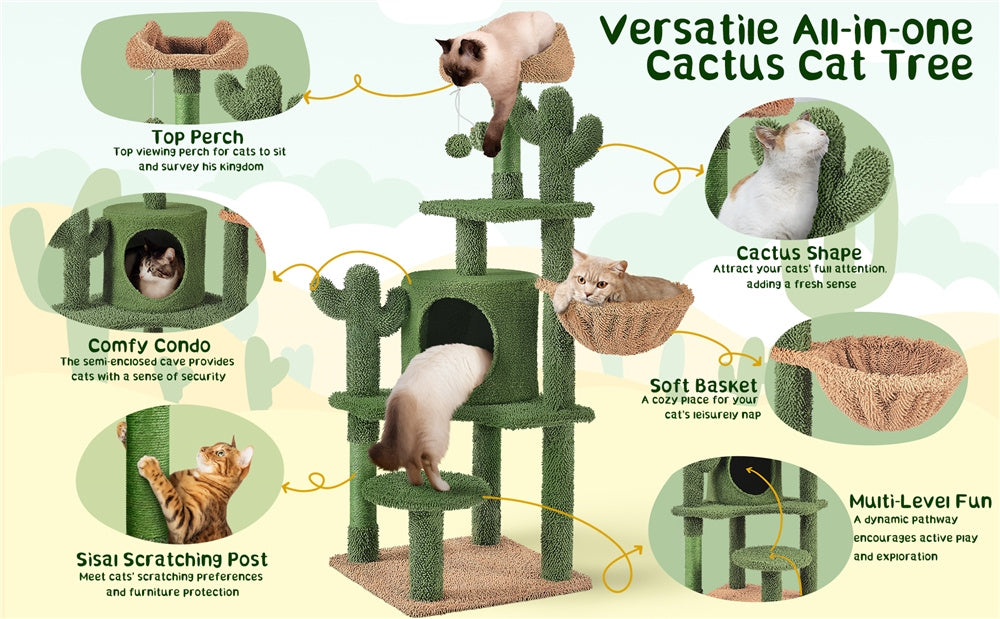 Costoffs Cat Tree, 135cm Height Cat Cactus Tree, Condo Kitten Tree Tower, Cat Furniture with Natural Sisal, Cat Tower with Padded Perch, Platform, Condo, Scratching Posts & Hanging Ball, Cat Furniture for Kittens, Green/Brown