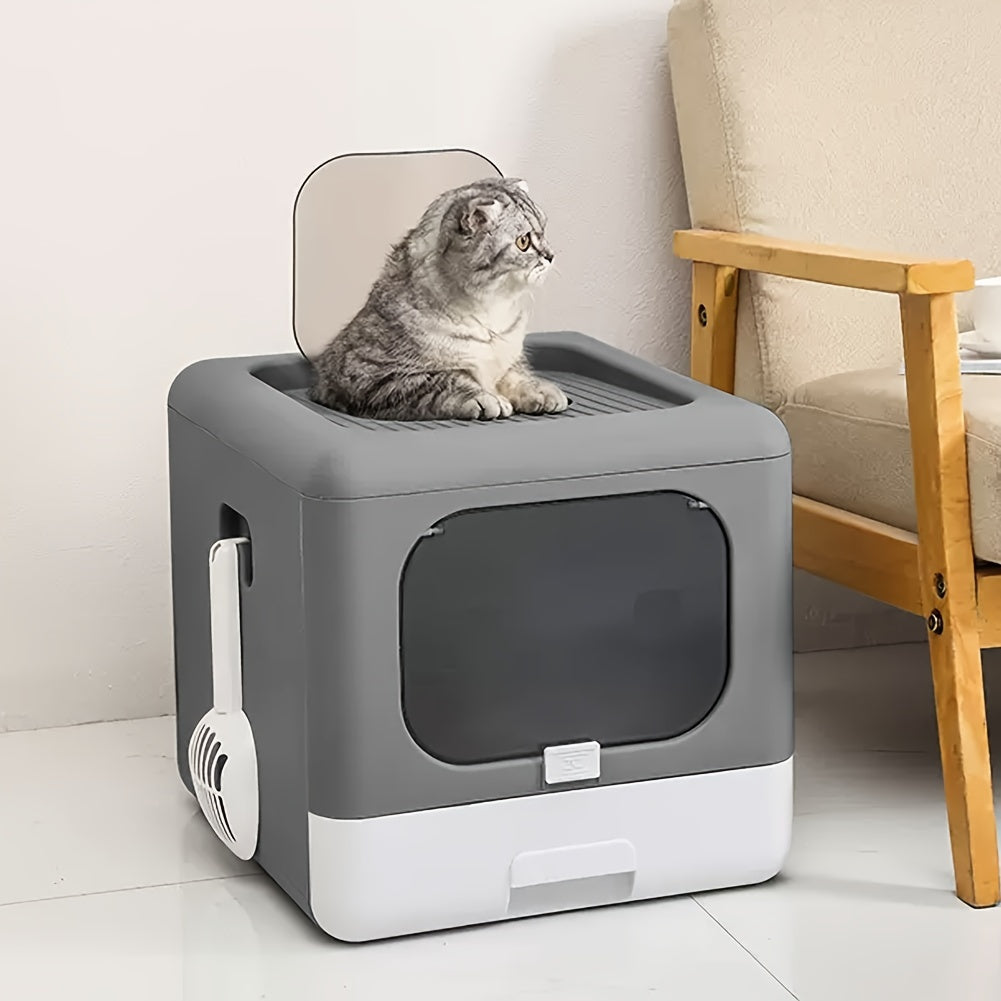 Cat Litter Tray Box: Foldable Top Entry Large Cats Toilet With Lid - Hooded Kitten Litter Tray Easy Cleaning Drawer Design With Scoop Grey