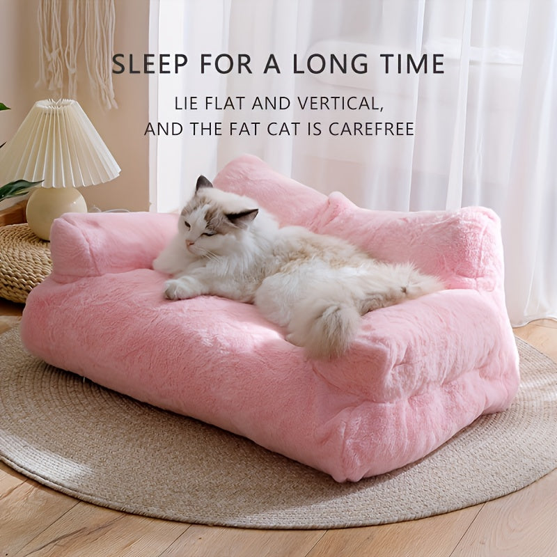 Luxurious Beige Plush Cat Bed - Ultra-Soft, Warm Sofa for Cats with Non-Slip Base & Detachable Cover - Ideal for Snoozing & Relaxing, Easy to Clean, Polyester Fill - Perfect Pet Lounger for Kittens & Cats, Kitten Bed