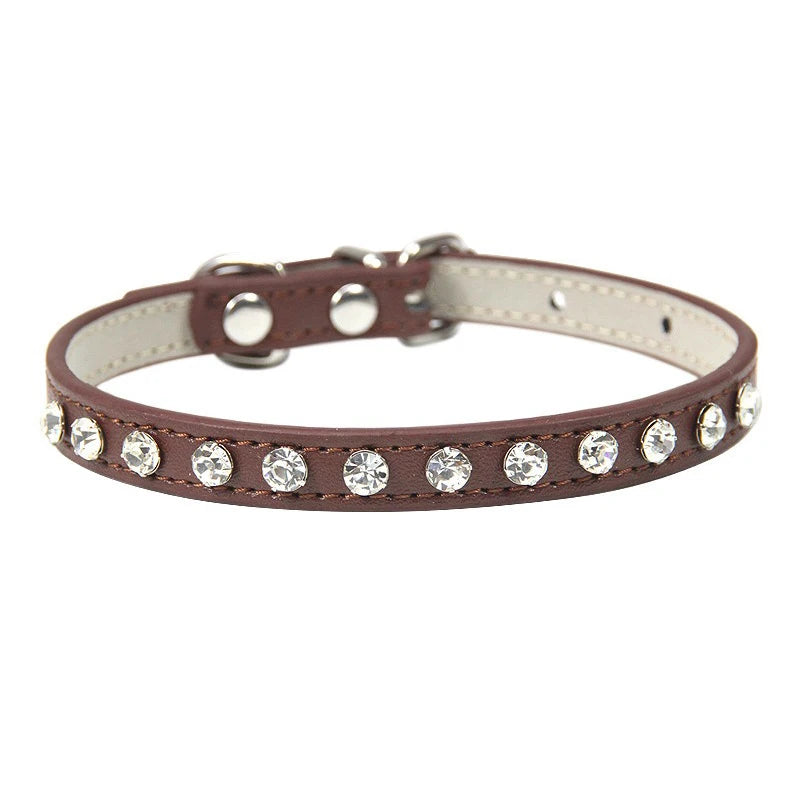 Luxury Bling-Bling Solid Pattern Cat and Small Dog Necklace Collar Cute Animal Rhinestones on PU Collars for Pets Pure Color