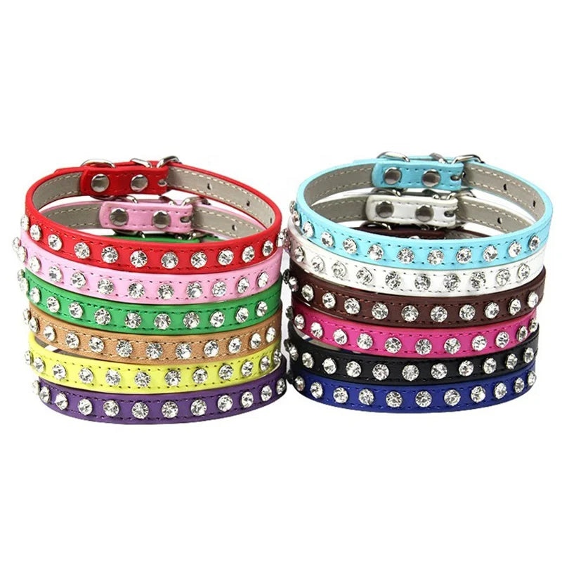Luxury Bling-Bling Solid Pattern Cat and Small Dog Necklace Collar Cute Animal Rhinestones on PU Collars for Pets Pure Color