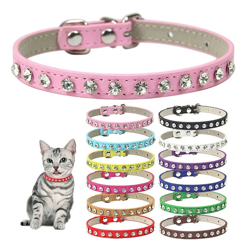 Luxury Bling-Bling Solid Pattern Cat and Small Dog Necklace Collar Cute Animal Rhinestones on PU Collars for Pets Pure Color