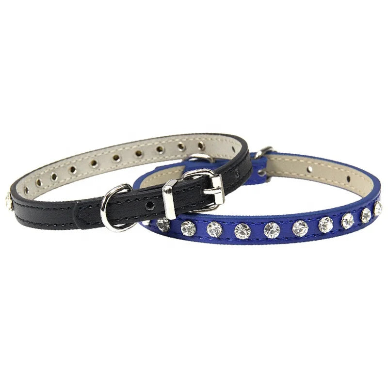 Luxury Bling-Bling Solid Pattern Cat and Small Dog Necklace Collar Cute Animal Rhinestones on PU Collars for Pets Pure Color