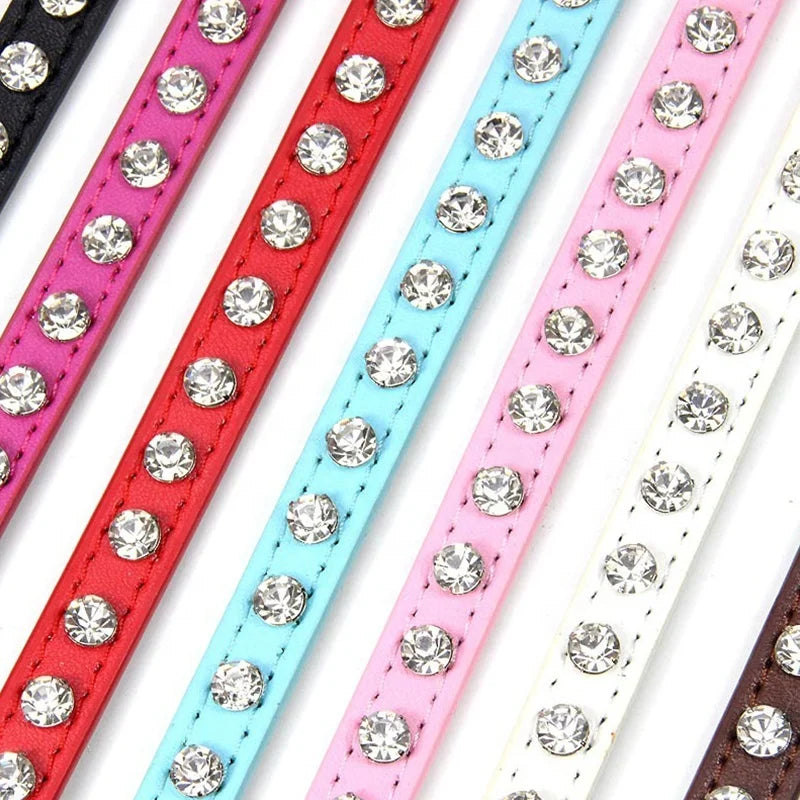 Luxury Bling-Bling Solid Pattern Cat and Small Dog Necklace Collar Cute Animal Rhinestones on PU Collars for Pets Pure Color