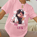 Women'S Anime Cat Lover Graphic T-Shirt - Black with Pink Lettering - Soft Stretchy Fabric Casual Everyday Tee - Cute Japanese Animation Shirt for Women - G7110, Allseason Apparel, Playful Design, Comfortable Fit, Streetwear