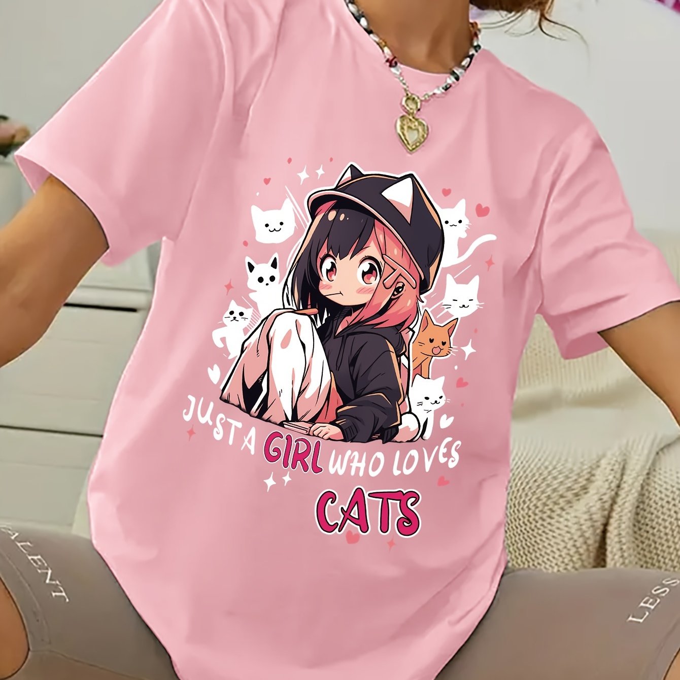 Women'S Anime Cat Lover Graphic T-Shirt - Black with Pink Lettering - Soft Stretchy Fabric Casual Everyday Tee - Cute Japanese Animation Shirt for Women - G7110, Allseason Apparel, Playful Design, Comfortable Fit, Streetwear
