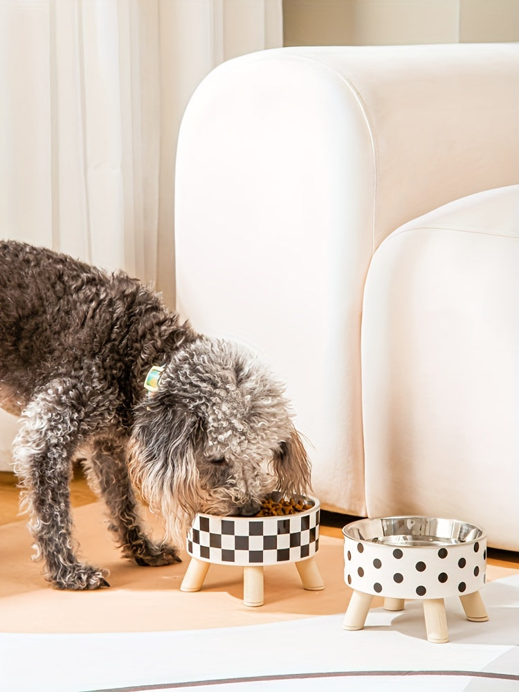 Elevated Whisker Delight Cat Bowl - Vibrant Graphic Pattern, Sturdy Wooden Stand, Easy-to-Clean, Raised Design - Perfect for Indoor Feline Friends, Spacious Feeder Bowl, Convenient Water Basin