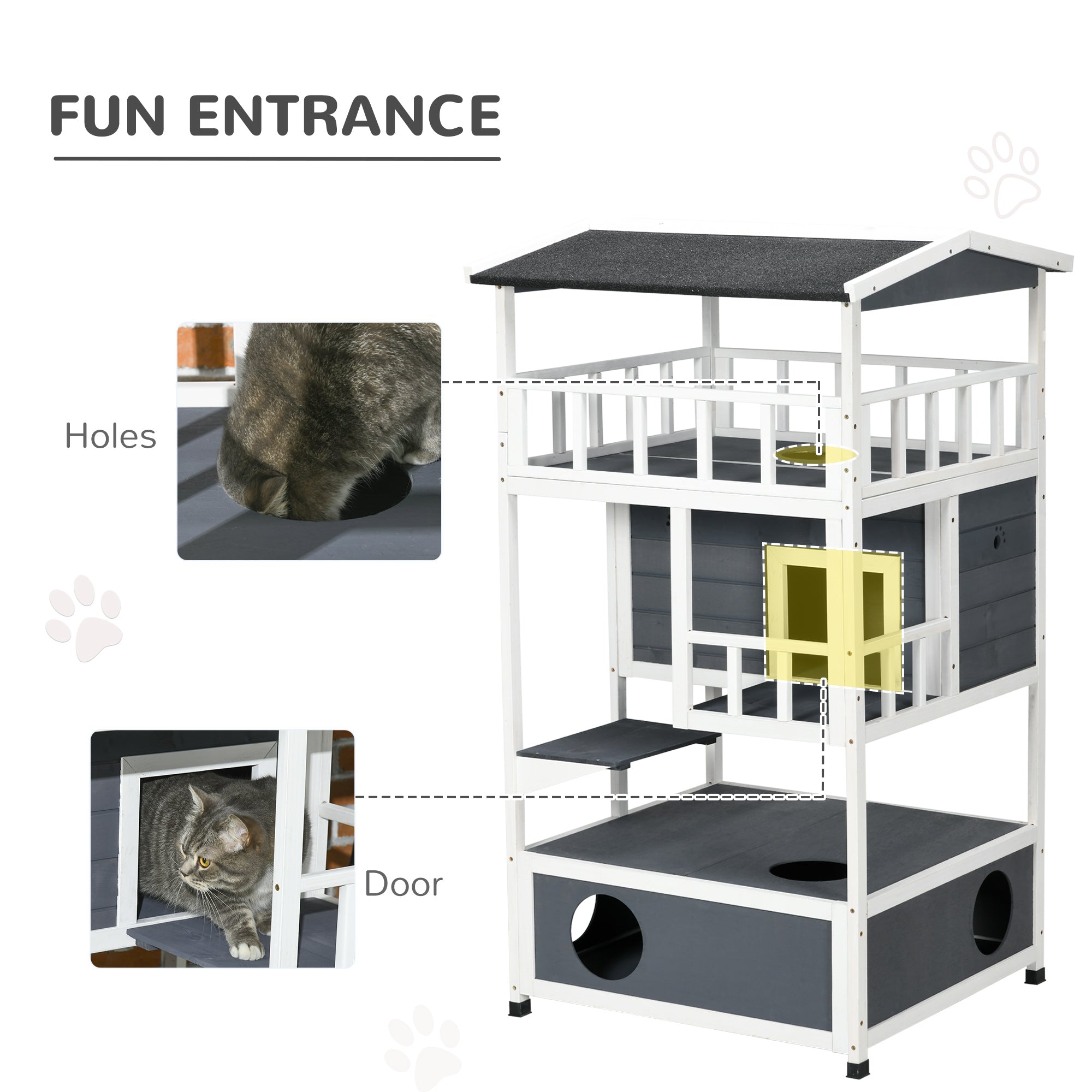 Wooden Outdoor Cat House 3-Tier for Winter Kitten Shelter Lodge w/ Tilted Roof Terrace Jump Step Bottom Tray Elevated Base Waterproof Paint