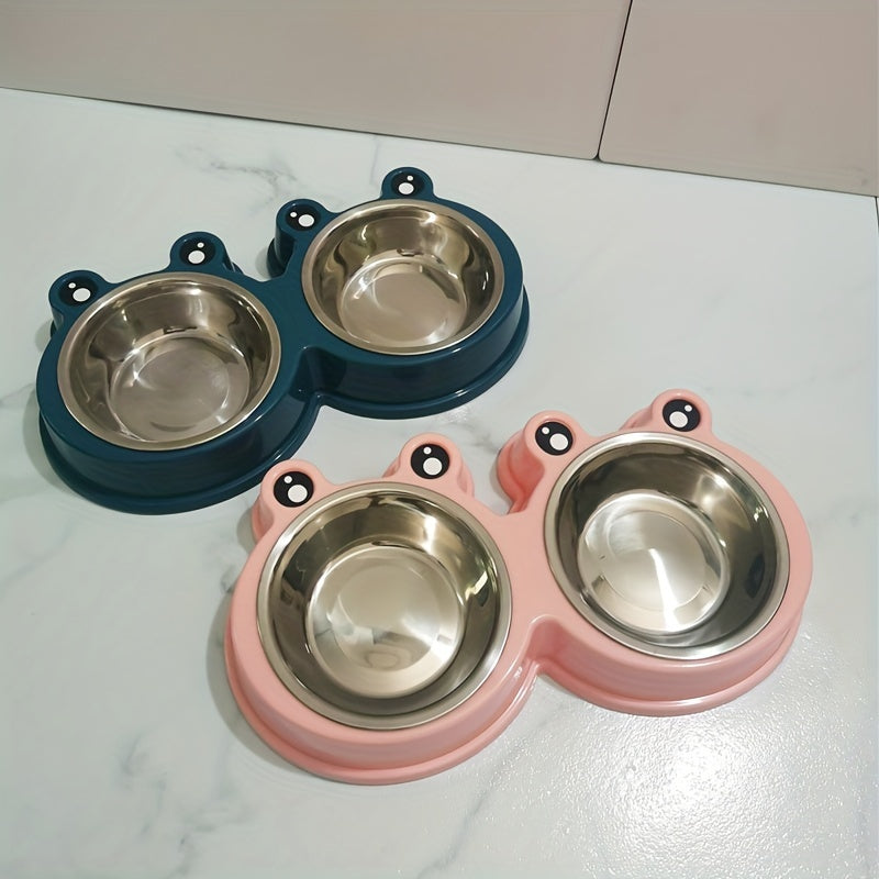 Pet Frog Design Stainless Steel Cat Double Bowl Water Food Bowls For Small Dogs Pet Cat