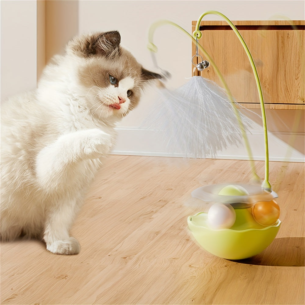 Fun Feline Playmate - Rotating Track Ball, Spring-Loaded Feather Teaser, Durable Plastic Construction, Non-Battery Operated, Self-Play Entertainment for Cats and Kittens, Promotes Exercise and Mental Stimulation