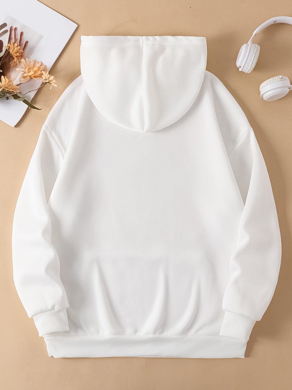 Cute Cat & Letter Print Drawstring Hoodie, Casual Long Sleeve Kangaroo Pocket Sweatshirt, Women's Clothing
