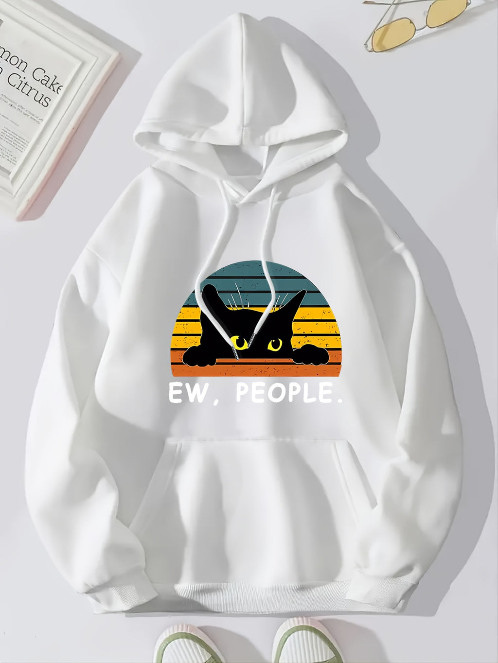 Cozy Cat Print Hoodie with Kangaroo Pocket - Perfect for Chilly Days, Comfortable & Easy Care Casual Wear for Women