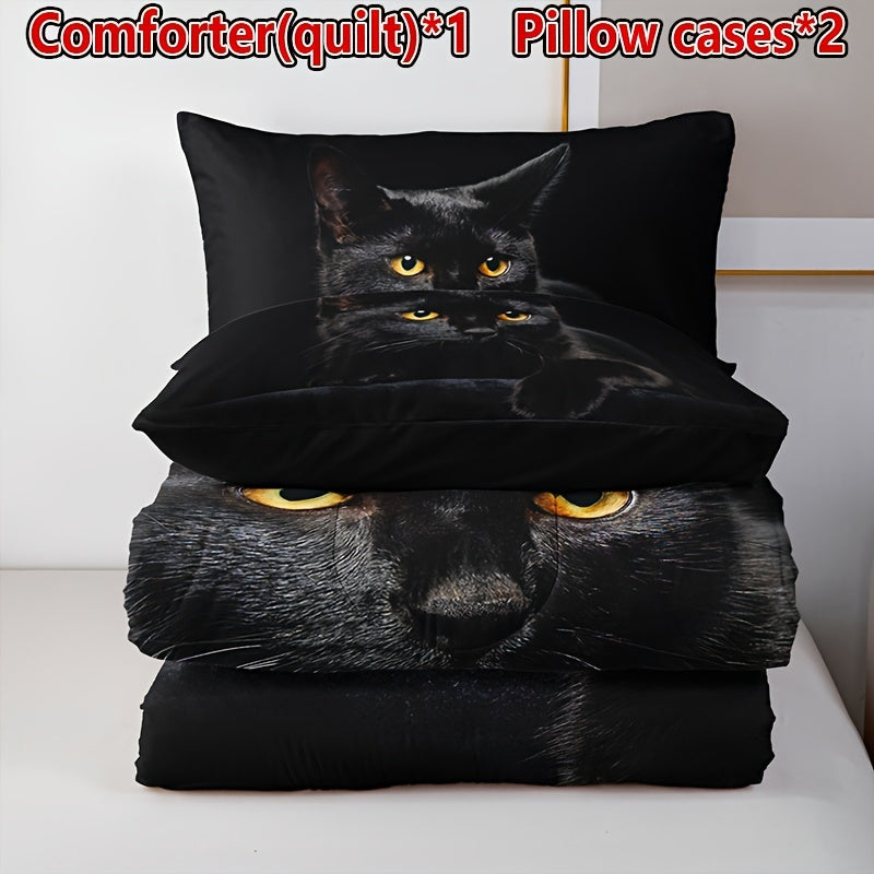 Charming Black Cat 3-Piece Bedding Set: Soft, All-Season Quilt with 2 Pillowcases - Breathable and Hand Washable