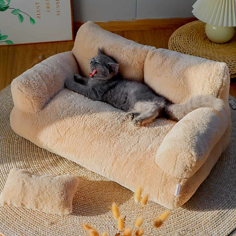 Luxurious Beige Plush Cat Bed - Ultra-Soft, Warm Sofa for Cats with Non-Slip Base & Detachable Cover - Ideal for Snoozing & Relaxing, Easy to Clean, Polyester Fill - Perfect Pet Lounger for Kittens & Cats, Kitten Bed