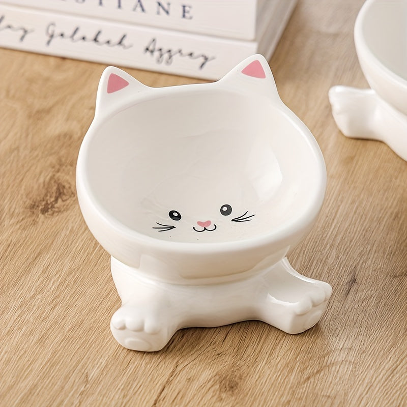 Adorable Cartoon Cat Ceramic Bowl - Elevated, Anti-Spill & Neck Supportive - Tilted Design for Healthy Feeding, Ideal Cat Water Dish