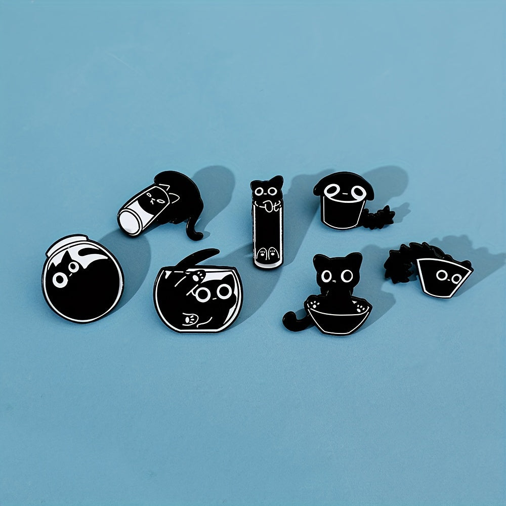 7pcs Black Cat Paint Badge Brooch Set Cute Lovely Alloy Brooch Jewelry Animal Theme Accessories