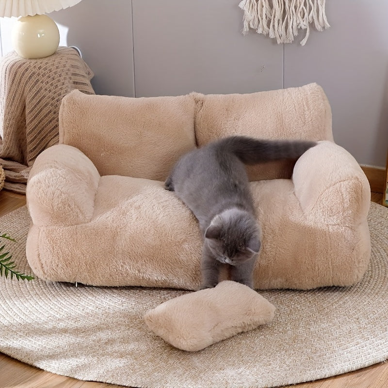 Luxurious Beige Plush Cat Bed - Ultra-Soft, Warm Sofa for Cats with Non-Slip Base & Detachable Cover - Ideal for Snoozing & Relaxing, Easy to Clean, Polyester Fill - Perfect Pet Lounger for Kittens & Cats, Kitten Bed
