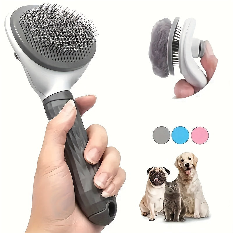One-Click Easy Clean Pet Hair Remover Brush - Stainless Steel Grooming Rake for Dogs and Cats with No Battery Required