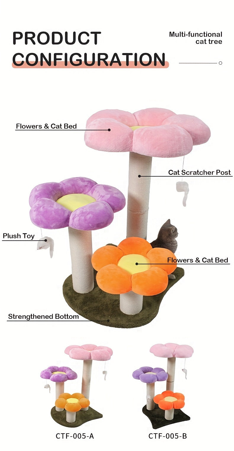 Whimsical Flower Blossom Cat Tower - Multi-Level Cat Scratching Post with Sisal Rope, Plush Perch, and Jumping Platform for Kittens and Cats - Sturdy, Space-Saving, and Easy to Assemble