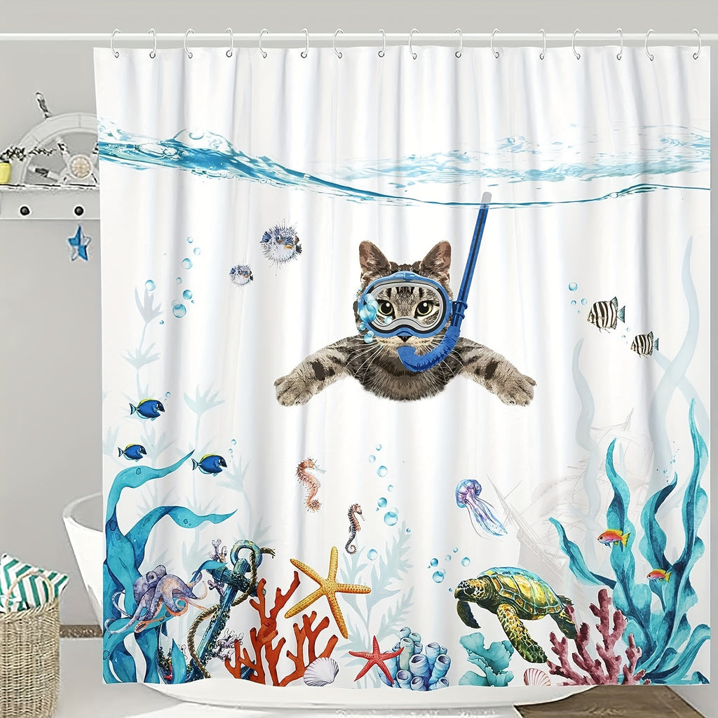 1pc Funny Cat Shower Curtain - Teal Blue Sea Ocean Waterproof Fabric Shower Curtains, Animal Octopus Starfish Turtle Anchor Fish Nautical Bathroom Curtain - For Bathroom Decor - Suitable for All Bathroom Sizes - Perfect Gift