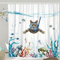1pc Funny Cat Shower Curtain - Teal Blue Sea Ocean Waterproof Fabric Shower Curtains, Animal Octopus Starfish Turtle Anchor Fish Nautical Bathroom Curtain - For Bathroom Decor - Suitable for All Bathroom Sizes - Perfect Gift