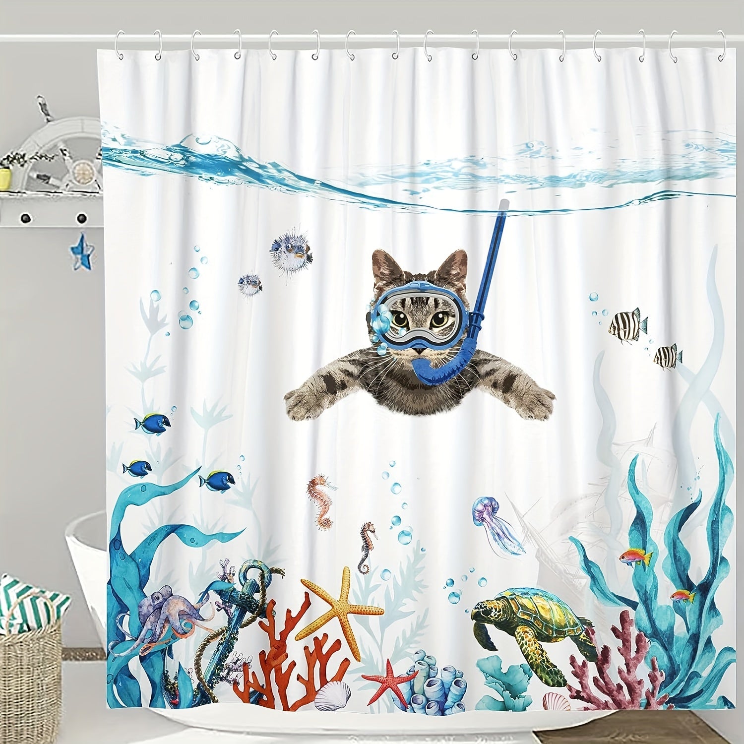 1pc Funny Cat Shower Curtain - Teal Blue Sea Ocean Waterproof Fabric Shower Curtains, Animal Octopus Starfish Turtle Anchor Fish Nautical Bathroom Curtain - For Bathroom Decor - Suitable for All Bathroom Sizes - Perfect Gift