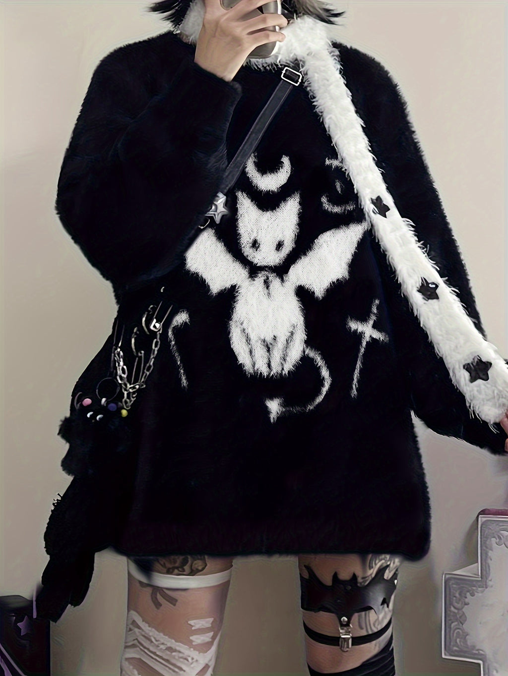 Cute Cat Pattern Plush Pullover Sweater, Casual Long Sleeve Loose Cozy Sweater, Women's Clothing